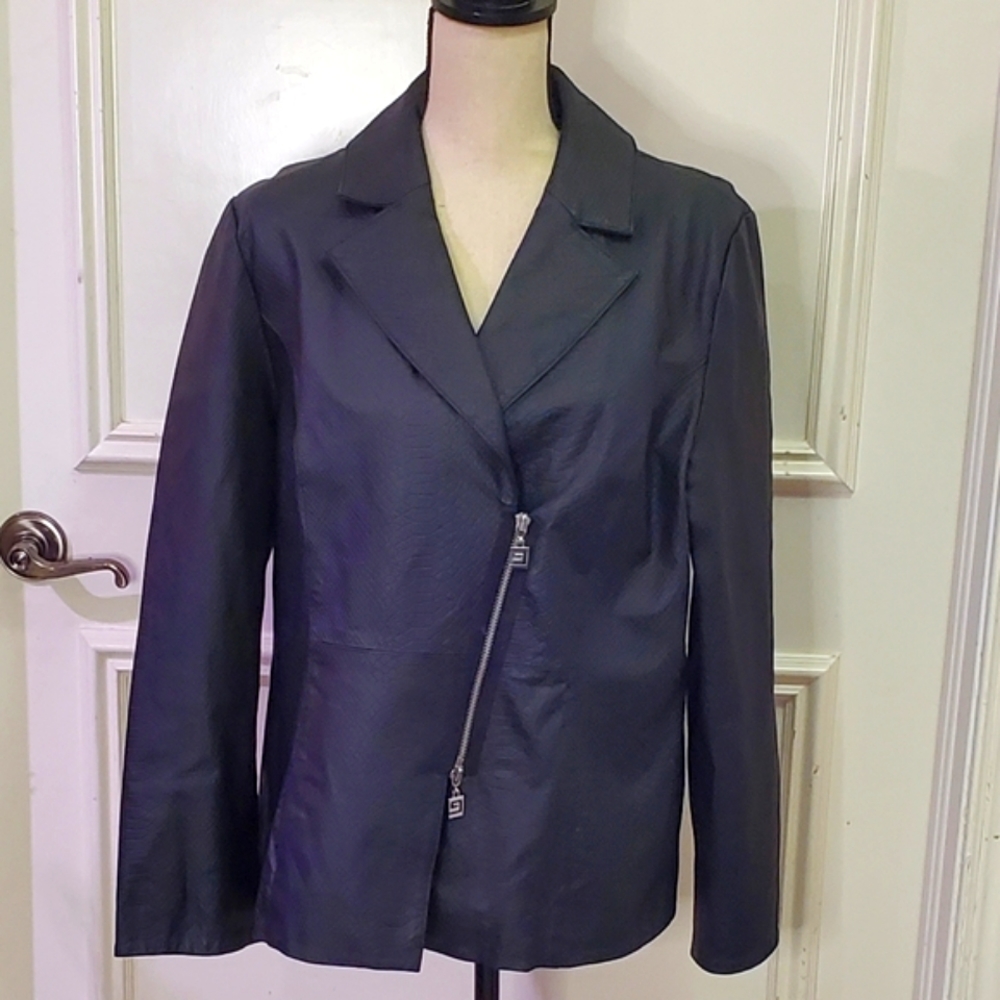 Pamela McCoy Textured Black Genuine Leather Blazer, Size Large